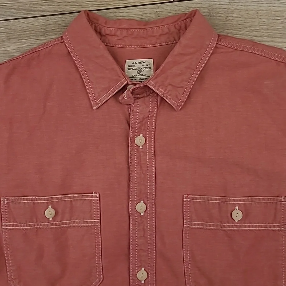 J CREW‎ Chambray Red Denim Cotton Mens Medium Long Sleeve Work Shirt